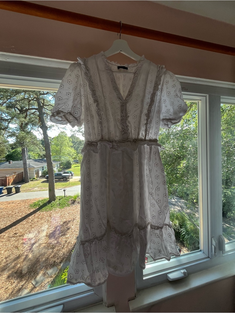White Eyelet layered Mini Dress with Ruffle Trim